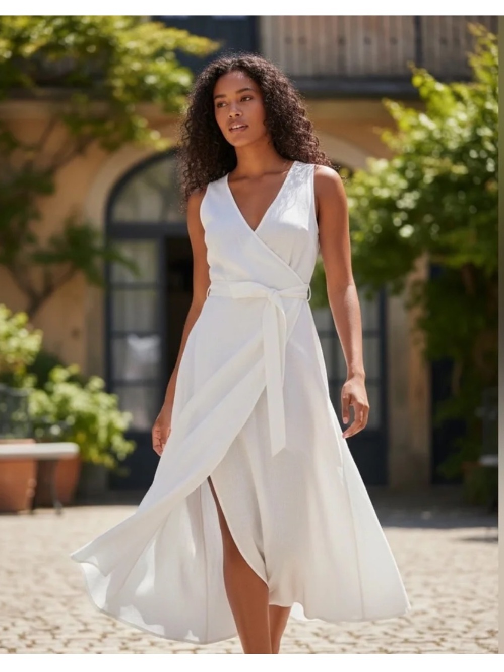 Andie White Sleeveless Wrap Midi Dress with Waist Tie